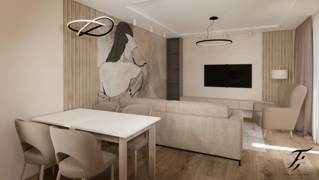 salon beżowy, tapeta kobieta 